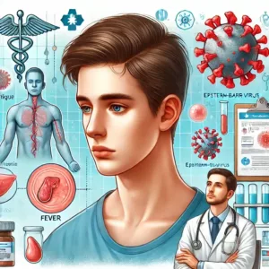 Illustration médicale montrant les symptômes de la mononucléose, notamment la fatigue, la fièvre et l'inflammation des ganglions lymphatiques.