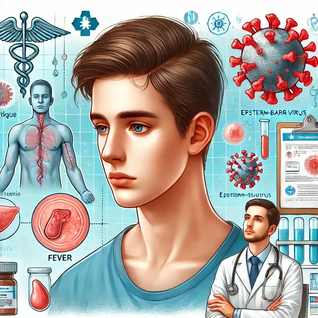 Illustration médicale montrant les symptômes de la mononucléose, notamment la fatigue, la fièvre et l'inflammation des ganglions lymphatiques.