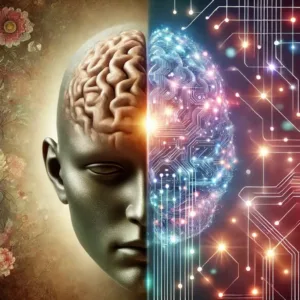 Illustration conceptuelle d'un cerveau humain juxtaposé à un réseau neuronal numérique, symbolisant la différence entre intelligence humaine et intelligence artificielle.
