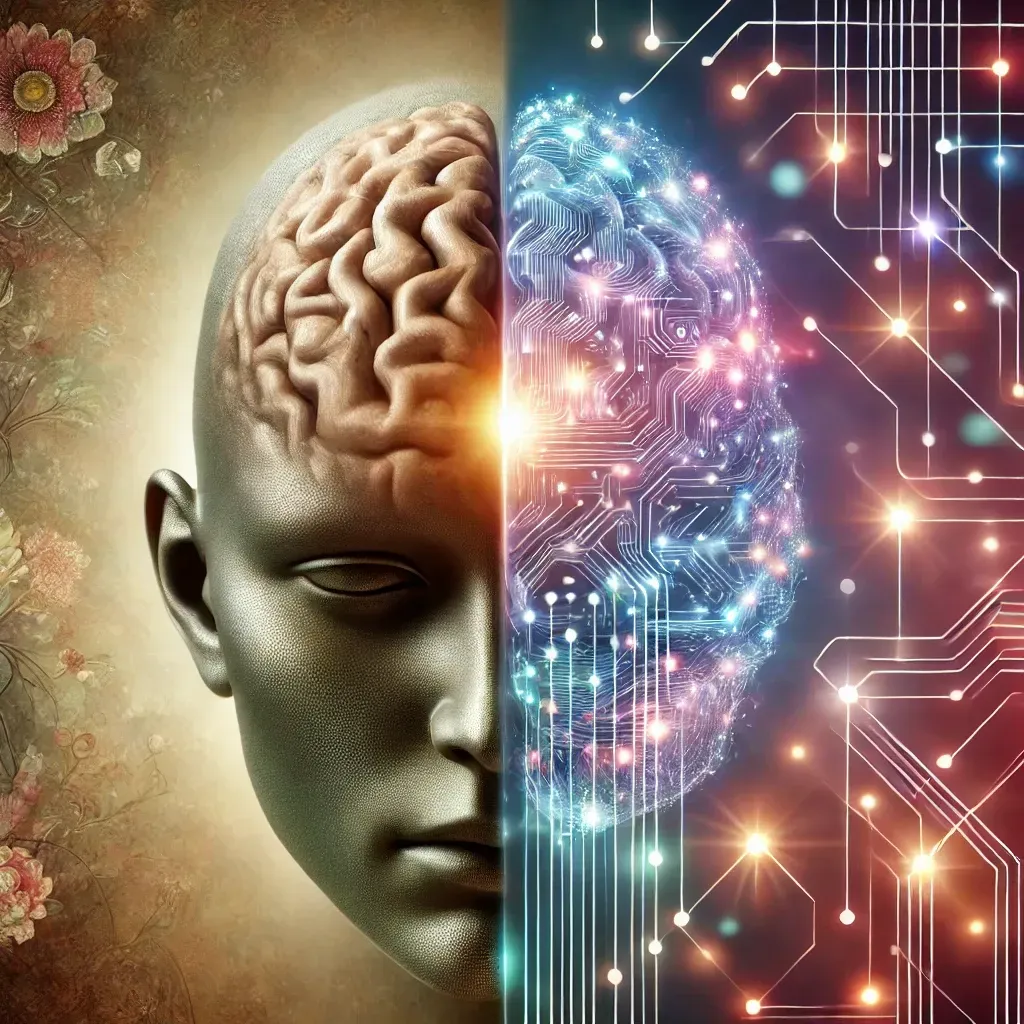 Illustration conceptuelle d'un cerveau humain juxtaposé à un réseau neuronal numérique, symbolisant la différence entre intelligence humaine et intelligence artificielle.