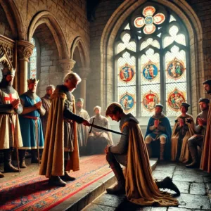 Un chevalier agenouillé reçoit son épée d'un seigneur lors d'une cérémonie d'adoubement dans un château médiéval.