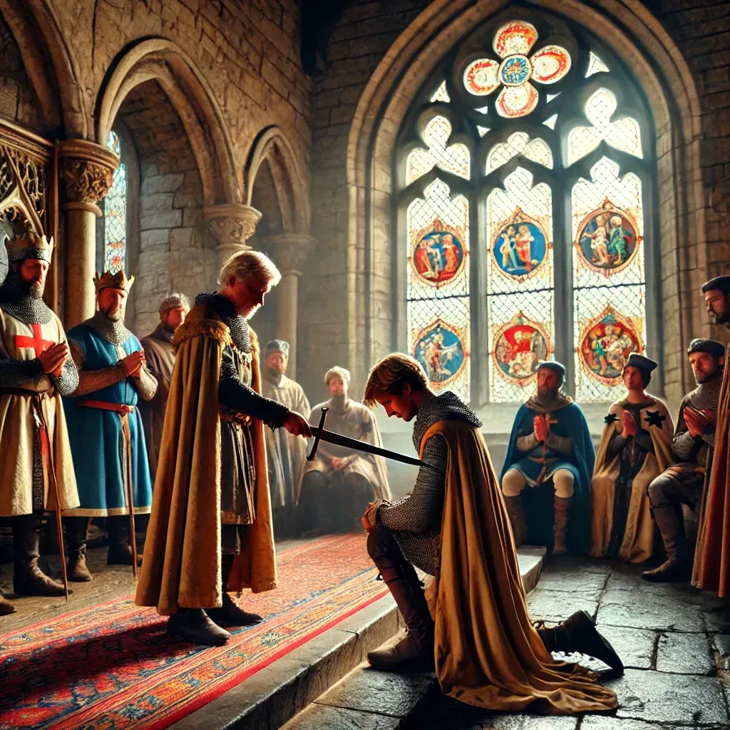 Un chevalier agenouillé reçoit son épée d'un seigneur lors d'une cérémonie d'adoubement dans un château médiéval.