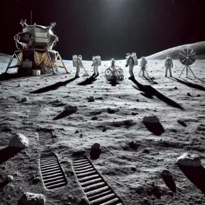 photo du paysage lunaire avec un ciel noir, absence d’étoiles expliquée par la photographie.