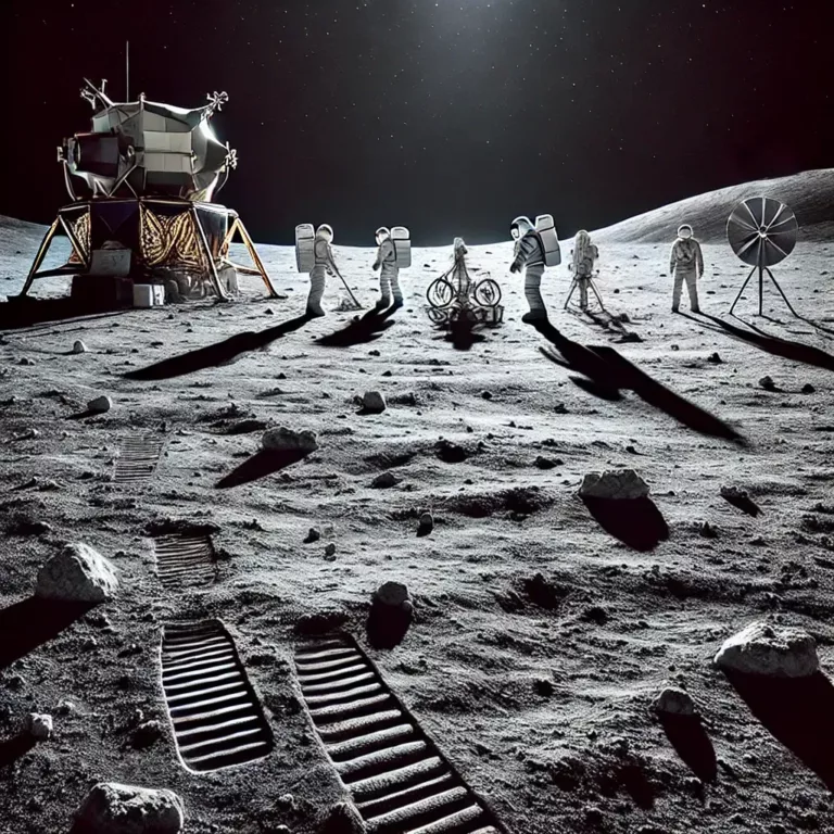 photo du paysage lunaire avec un ciel noir, absence d’étoiles expliquée par la photographie.