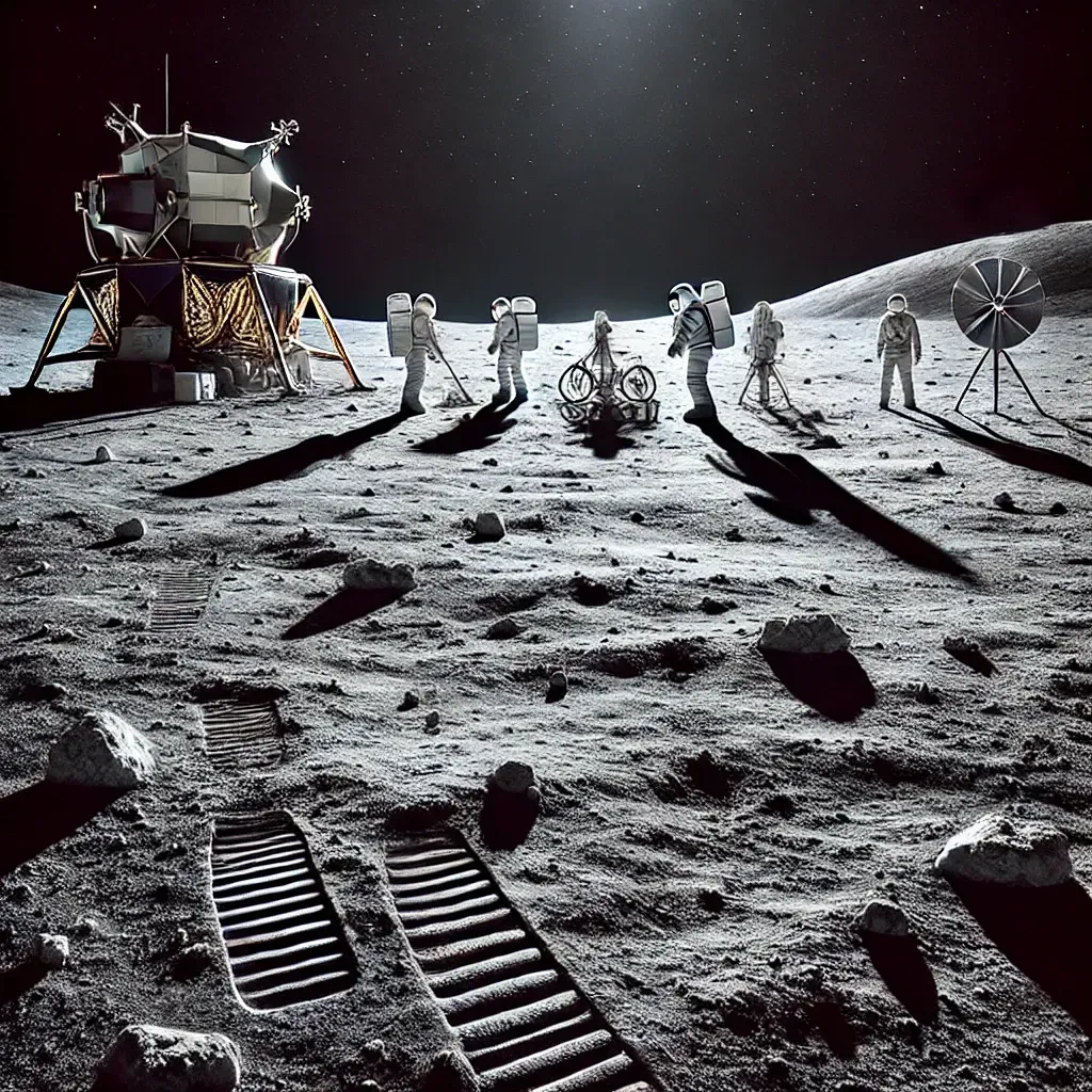 photo du paysage lunaire avec un ciel noir, absence d’étoiles expliquée par la photographie.