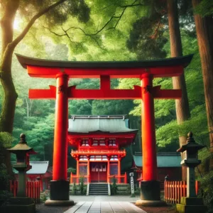 Torii rouge entouré de verdure à l'entrée d'un sanctuaire shintoïste au Japon.