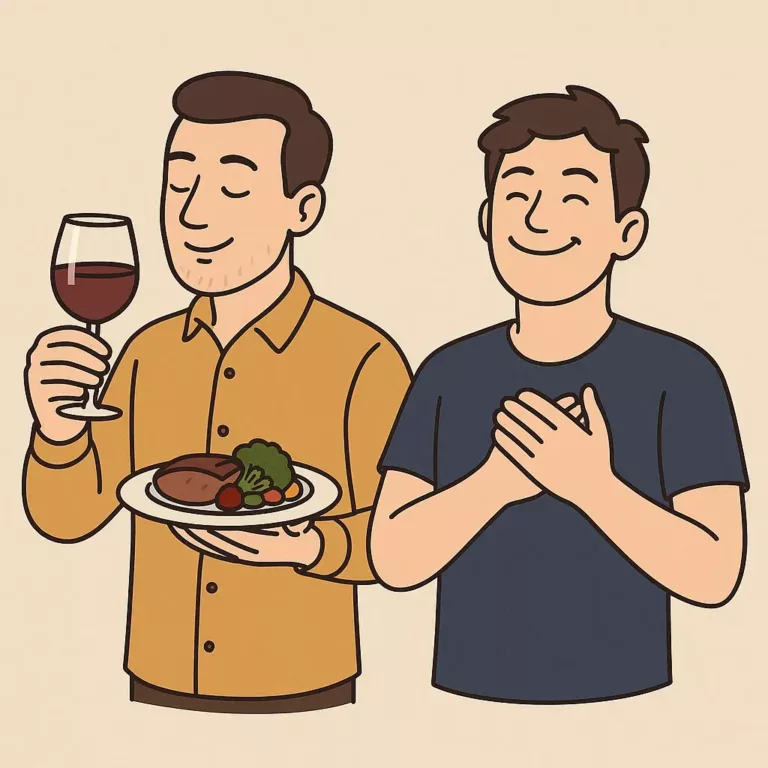 Illustration d’un homme savourant un repas face à un autre profitant d’un moment de détente.