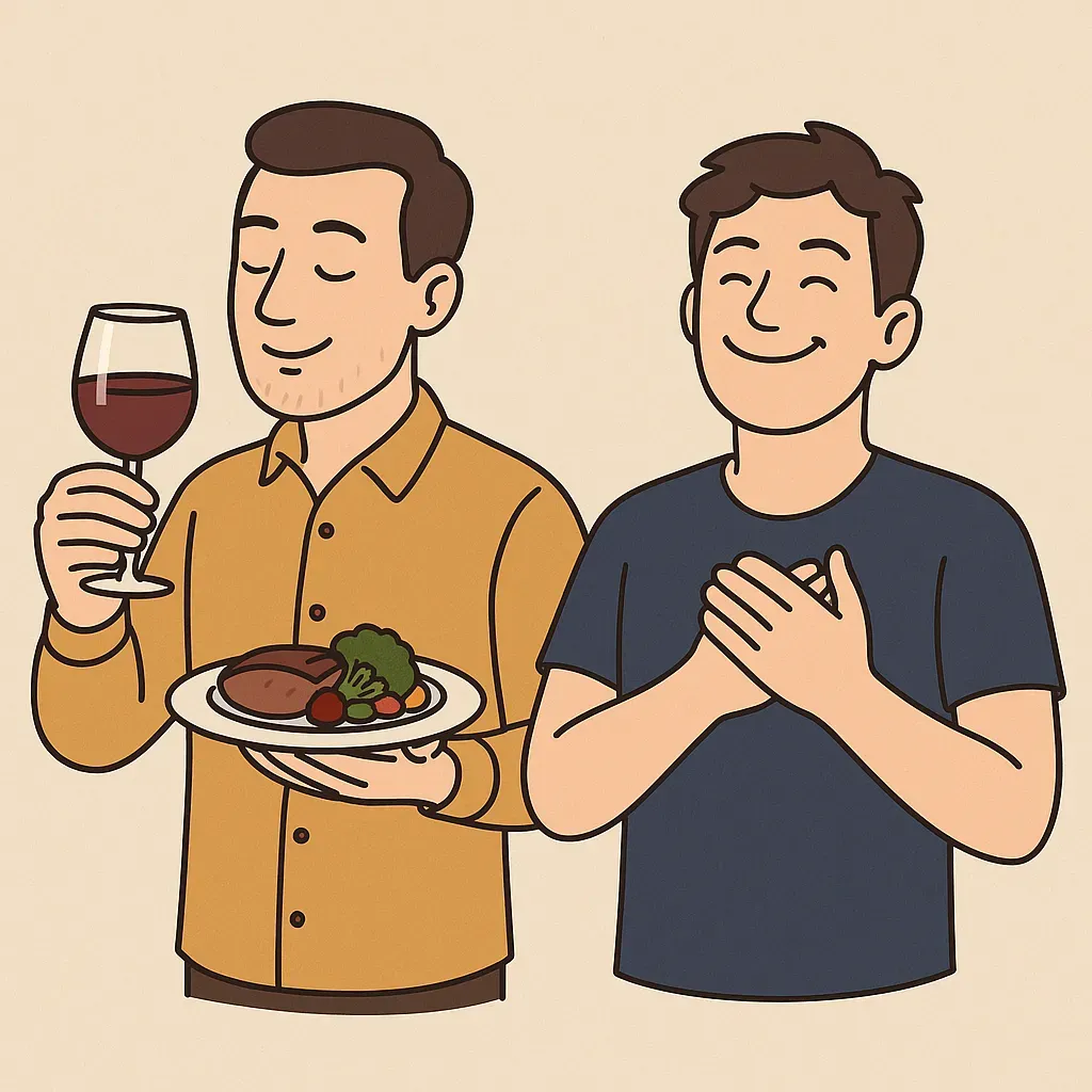 Illustration d’un homme savourant un repas face à un autre profitant d’un moment de détente.