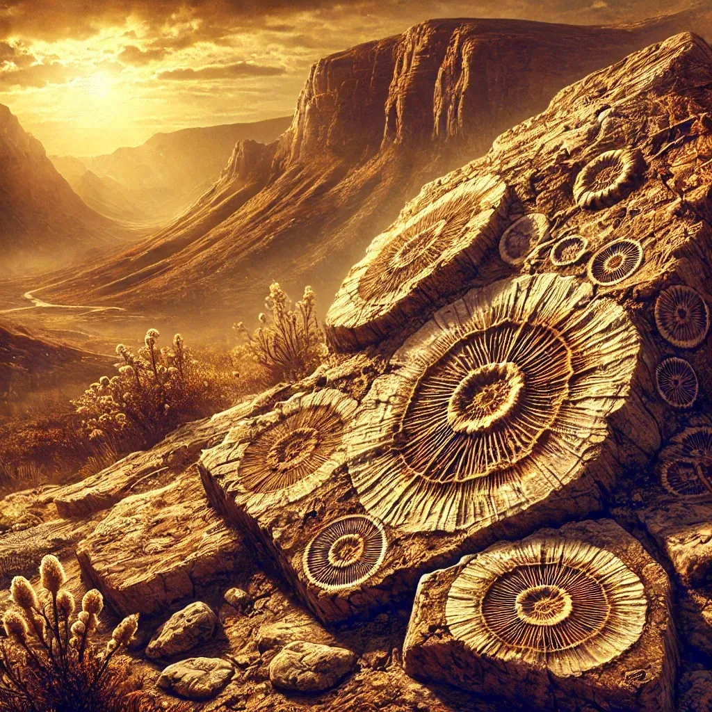 Une structure rocheuse contenant des stromatolites fossiles dans un paysage ancien, avec une lumière dorée évoquant un temps lointain.