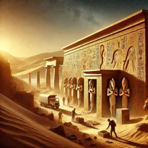 Archéologues explorant un site antique en Égypte, possible tombe de Cléopâtre.