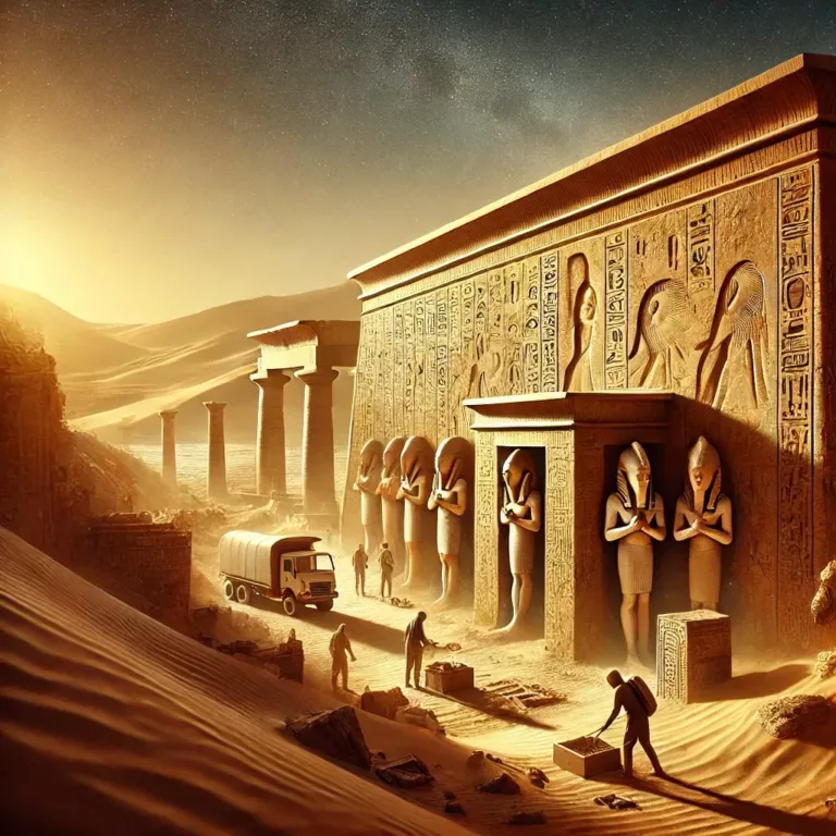 Archéologues explorant un site antique en Égypte, possible tombe de Cléopâtre.