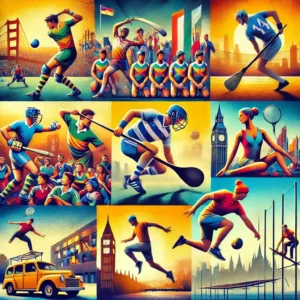 Collage d'athlètes pratiquant kabaddi, hurling, parkour et bossaball dans un cadre vibrant et multiculturel.