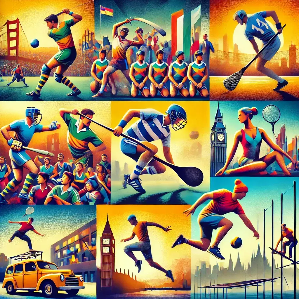 Collage d'athlètes pratiquant kabaddi, hurling, parkour et bossaball dans un cadre vibrant et multiculturel.
