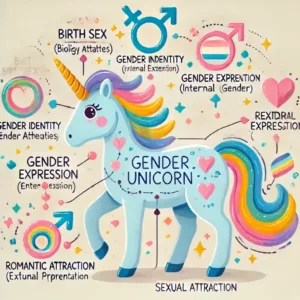 Schéma simplifié de la licorne des genres expliquant le sexe, l'identité et l'expression de genre.
