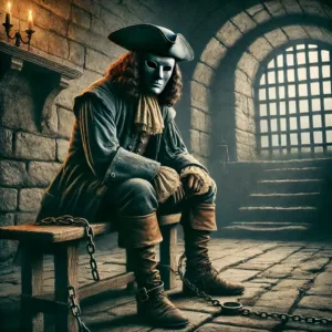 Un prisonnier historique dans une cellule française du XVIIe siècle, portant un masque en velours noir, entouré de murs en pierre et éclairé par une lumière faible passant à travers une fenêtre grillagée.
