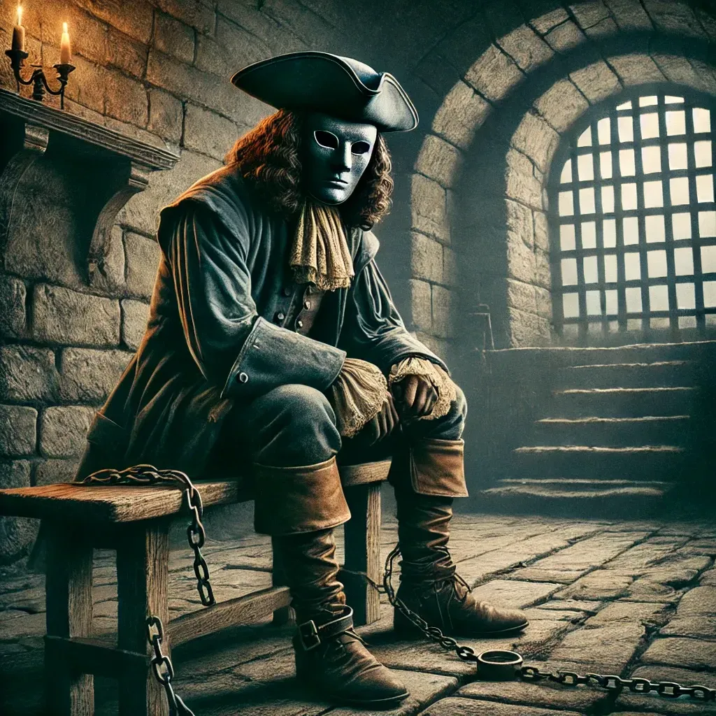 Un prisonnier historique dans une cellule française du XVIIe siècle, portant un masque en velours noir, entouré de murs en pierre et éclairé par une lumière faible passant à travers une fenêtre grillagée.