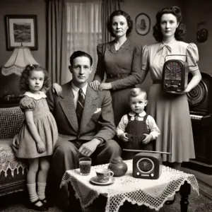 Portrait d’une famille de la génération silencieuse en noir et blanc.