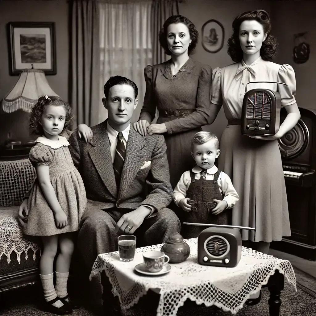 Portrait d’une famille de la génération silencieuse en noir et blanc.
