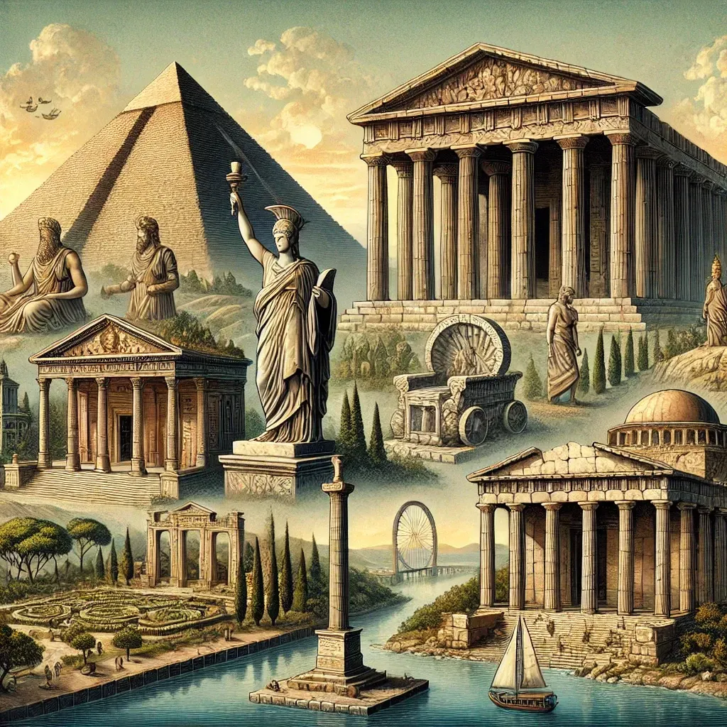 Représentation des sept merveilles du monde antique.