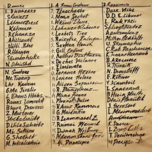 Une liste de noms sur papier symbolisant la liste de Schindler, avec un arrière-plan évoquant la Seconde Guerre mondiale.