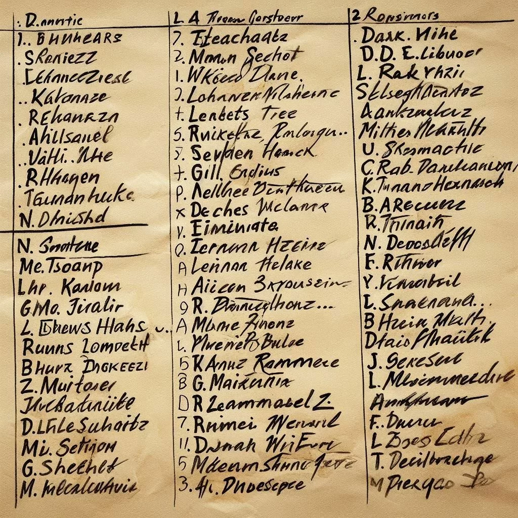 Une liste de noms sur papier symbolisant la liste de Schindler, avec un arrière-plan évoquant la Seconde Guerre mondiale.