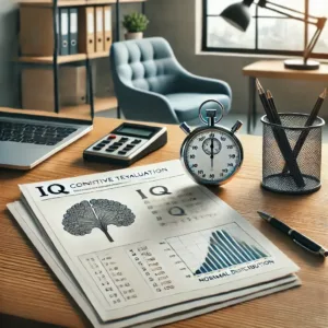 Un test de QI sur une table avec des outils d’évaluation cognitive et un graphique montrant des scores de QI typiques.