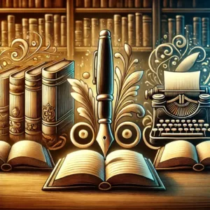 Une illustration artistique représentant les trois genres littéraires principaux : un empilement de livres pour symboliser le roman, une plume et un parchemin pour l’essai, et un petit livre ouvert pour la nouvelle. En arrière-plan, une bibliothèque chaleureuse avec un éclairage tamisé.