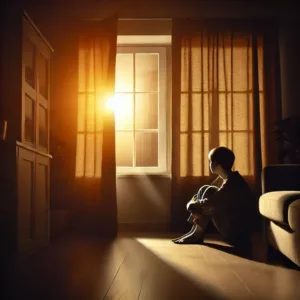 Une personne en intérieur, rideaux fermés, regardant le soleil avec anxiété.