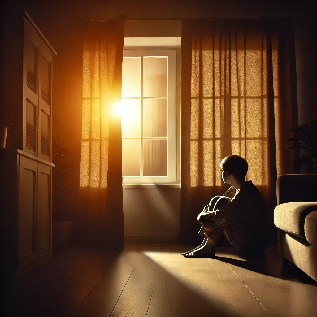 Une personne en intérieur, rideaux fermés, regardant le soleil avec anxiété.