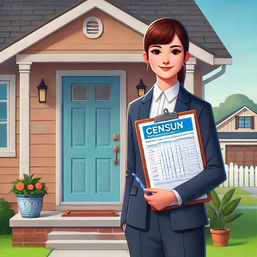 Agent recenseur tenant un formulaire, devant une maison, représentant le recensement en France.