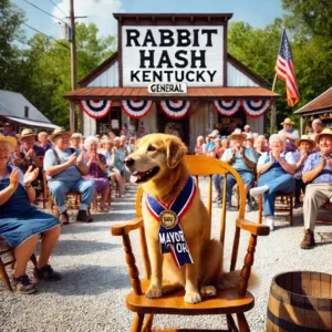 Un chien assis fièrement sur une chaise en bois, portant un collier de maire, entouré de villageois joyeux dans une ambiance festive devant une boutique ancienne à Rabbit Hash.