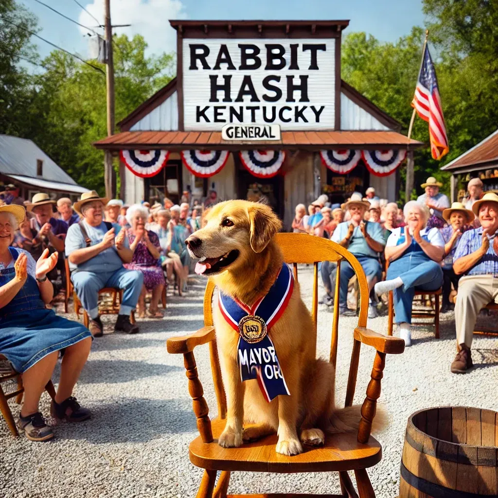 Un chien assis fièrement sur une chaise en bois, portant un collier de maire, entouré de villageois joyeux dans une ambiance festive devant une boutique ancienne à Rabbit Hash.