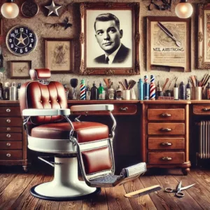 Un salon de coiffure vintage avec une chaise de coiffeur classique, des outils sur le comptoir, et un portrait encadré de Neil Armstrong au mur.