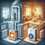 Comparaison visuelle entre une chaudière à gaz compacte connectée à des radiateurs et une pompe à chaleur moderne avec un système d'échange d'air, dans un cadre domestique chaleureux.