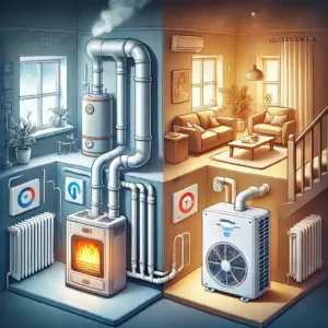 Comparaison visuelle entre une chaudière à gaz compacte connectée à des radiateurs et une pompe à chaleur moderne avec un système d'échange d'air, dans un cadre domestique chaleureux.