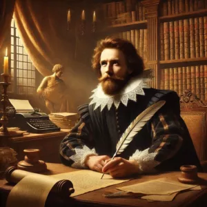 Portrait artistique de William Shakespeare, inventeur de mots influençant l’anglais moderne.