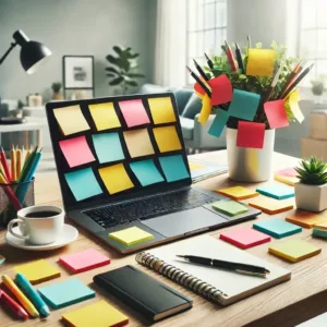 Un bureau avec des Post-it de différentes couleurs éparpillés autour d’un ordinateur portable, illustrant leur utilisation quotidienne.