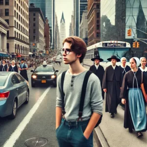 Jjeune Amish en vêtements modernes explorant la ville pendant le rumspringa.