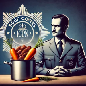 Illustration du terme "bœuf-carottes" associé à l'IGPN, avec un plat de bœuf et carottes formant un badge de police et un enquêteur en arrière-plan.