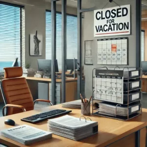 Un bureau moderne avec des bureaux vides, un panneau "fermé pour congés" sur la porte et un calendrier affichant des dates de vacances.