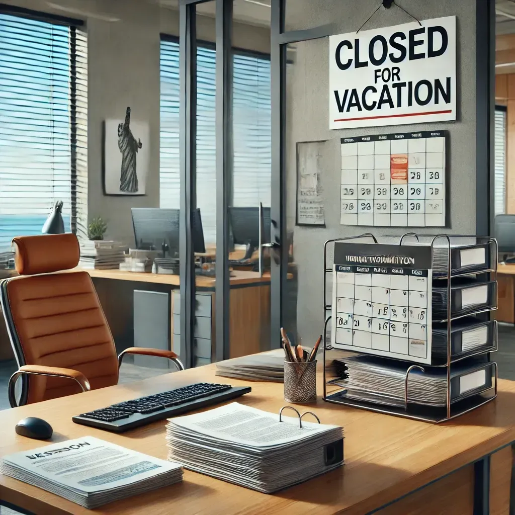 Un bureau moderne avec des bureaux vides, un panneau "fermé pour congés" sur la porte et un calendrier affichant des dates de vacances.