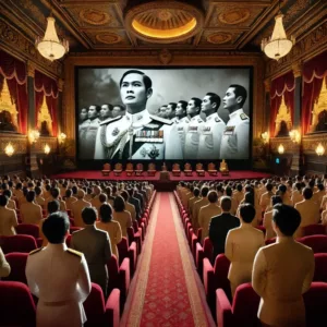 Une salle de cinéma traditionnelle en Thaïlande avec un grand écran affichant des images du roi. Le public est debout en silence, rendant hommage à l'hymne royal. L'atmosphère est solennelle, avec des lumières tamisées et une lueur dorée se reflétant sur l'écran.