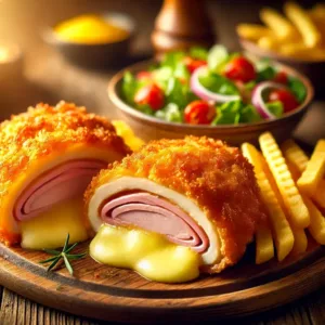 Un cordon bleu doré et croustillant, coupé en deux, dévoilant un fromage fondu et du jambon. Servi sur une assiette rustique avec une salade fraîche et des frites.