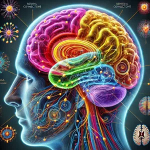 Illustration détaillée du cerveau humain montrant différentes zones actives en couleurs vives, représentant les connexions neuronales et l’activité cérébrale globale.