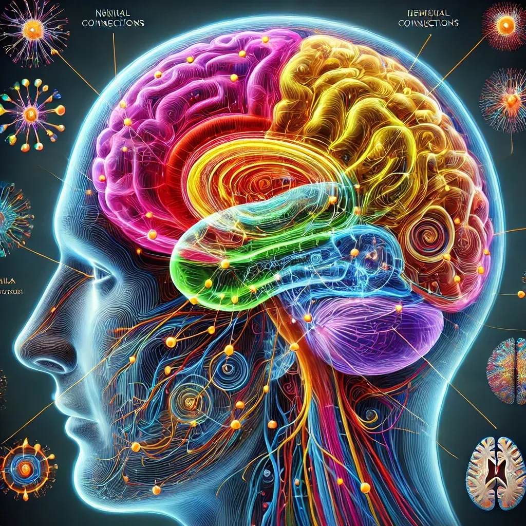 Illustration détaillée du cerveau humain montrant différentes zones actives en couleurs vives, représentant les connexions neuronales et l’activité cérébrale globale.