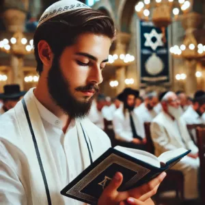 Un homme juif vêtu de blanc prie dans une synagogue lors de Yom Kippour, tenant un livre de prières.