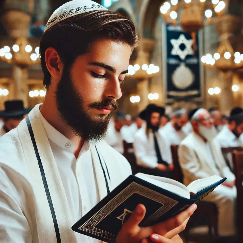 Un homme juif vêtu de blanc prie dans une synagogue lors de Yom Kippour, tenant un livre de prières.