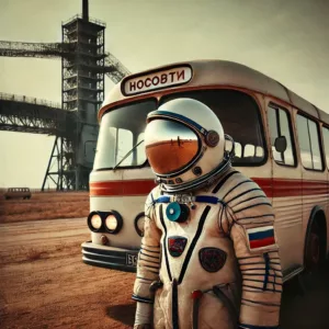 Un cosmonaute russe en combinaison spatiale à côté d’un bus soviétique au cosmodrome de Baïkonour, accomplissant un rituel traditionnel.