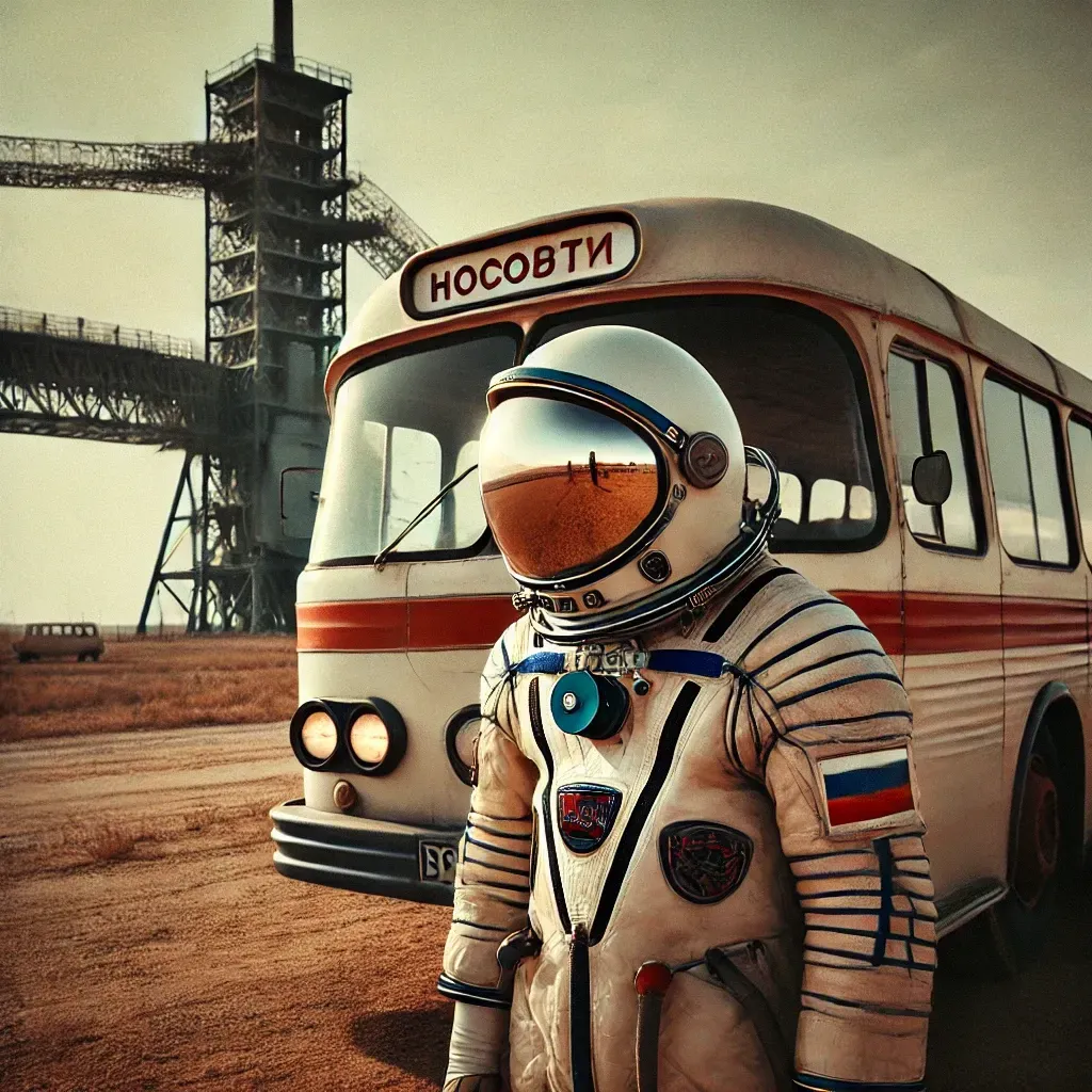 Un cosmonaute russe en combinaison spatiale à côté d’un bus soviétique au cosmodrome de Baïkonour, accomplissant un rituel traditionnel.