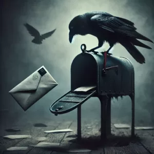 Un corbeau noir perché sur une vieille boîte aux lettres, une lettre tombant au sol dans une atmosphère brumeuse et mystérieuse.